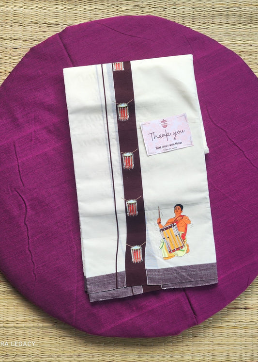 Brown Chenda Printed Double Mundu